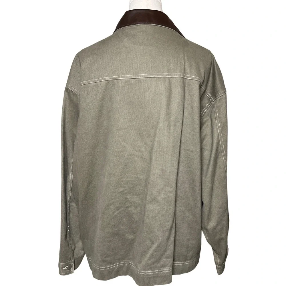 Vintage Barn Chore Jacket Cotton Twill Leather Collar Plaid Lined Moon & Sun‎ XL